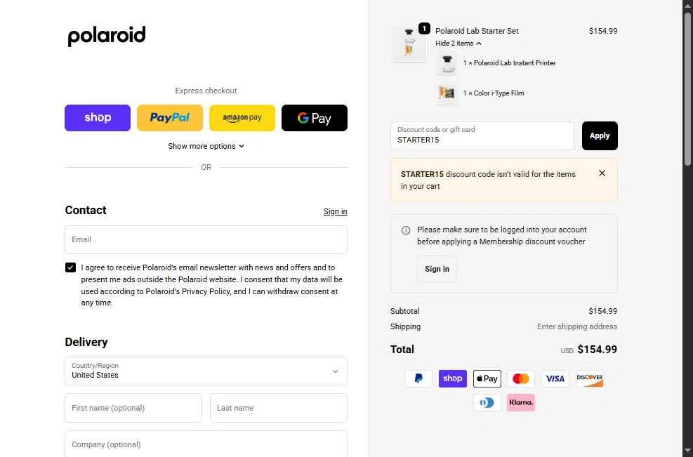 Polaroid checkout page showing Polaroid discount code box | Screenshot taken by SimplyCodes community member on Nov 9, 2025