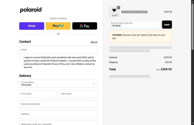 Polaroid checkout page showing Polaroid discount code box | Screenshot taken by SimplyCodes community member on Sep 17, 2025