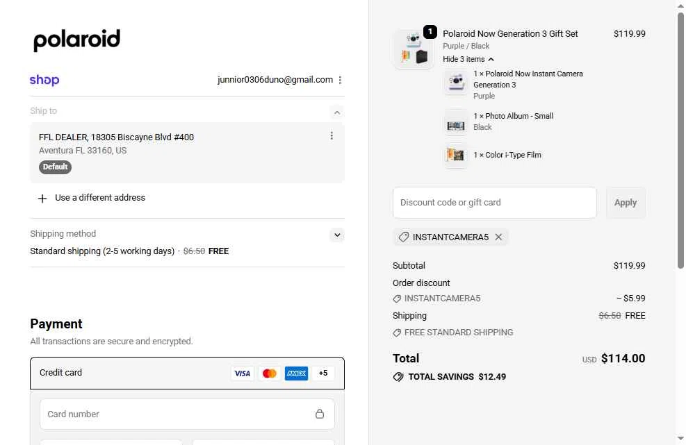 Polaroid checkout page showing Polaroid discount code box | Screenshot taken by SimplyCodes community member on Dec 3, 2025