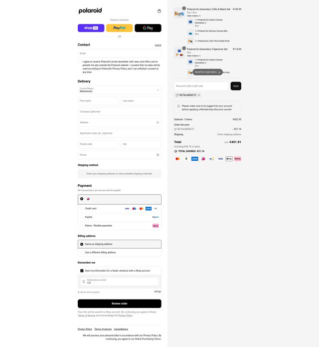 Polaroid checkout page showing Polaroid discount code box | Screenshot taken by SimplyCodes community member on Aug 15, 2025