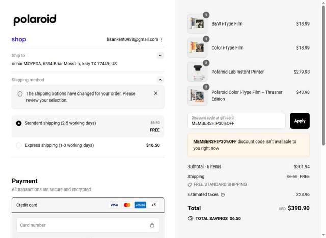 Polaroid checkout page showing Polaroid discount code box | Screenshot taken by SimplyCodes community member on Sep 17, 2025