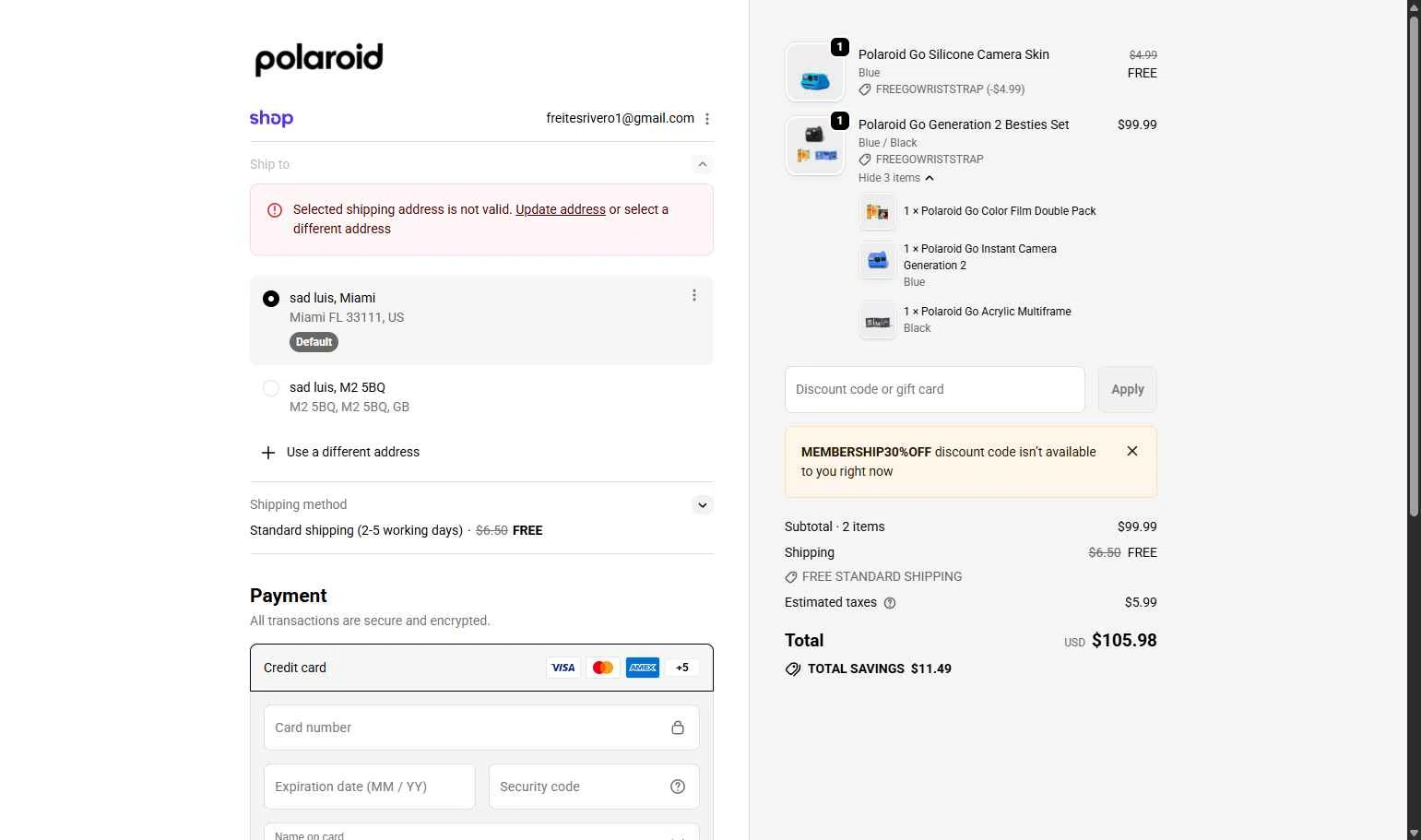 Polaroid checkout page showing Polaroid discount code box | Screenshot taken by SimplyCodes community member on Feb 5, 2026