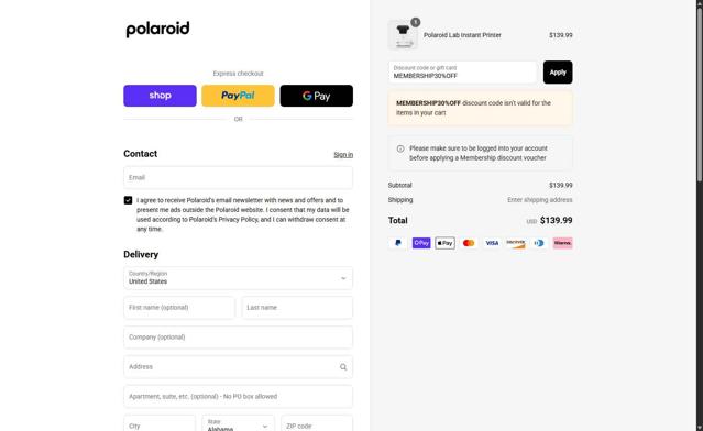 Polaroid checkout page showing Polaroid discount code box | Screenshot taken by SimplyCodes community member on Sep 9, 2025
