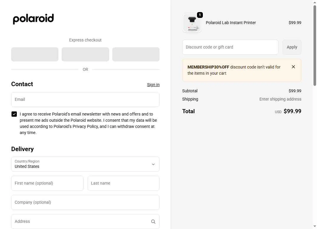 Polaroid checkout page showing Polaroid discount code box | Screenshot taken by SimplyCodes community member on Dec 19, 2025
