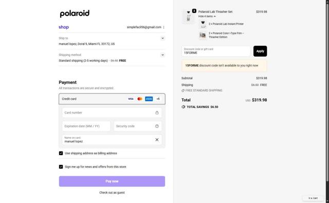Polaroid checkout page showing Polaroid discount code box | Screenshot taken by SimplyCodes community member on Sep 18, 2025