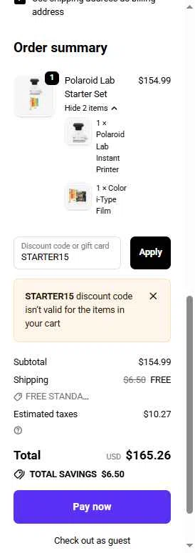 Polaroid checkout page showing Polaroid discount code box | Screenshot taken by SimplyCodes community member on Nov 9, 2025