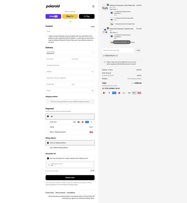 Polaroid checkout page showing Polaroid discount code box | Screenshot taken by SimplyCodes community member on Aug 15, 2025