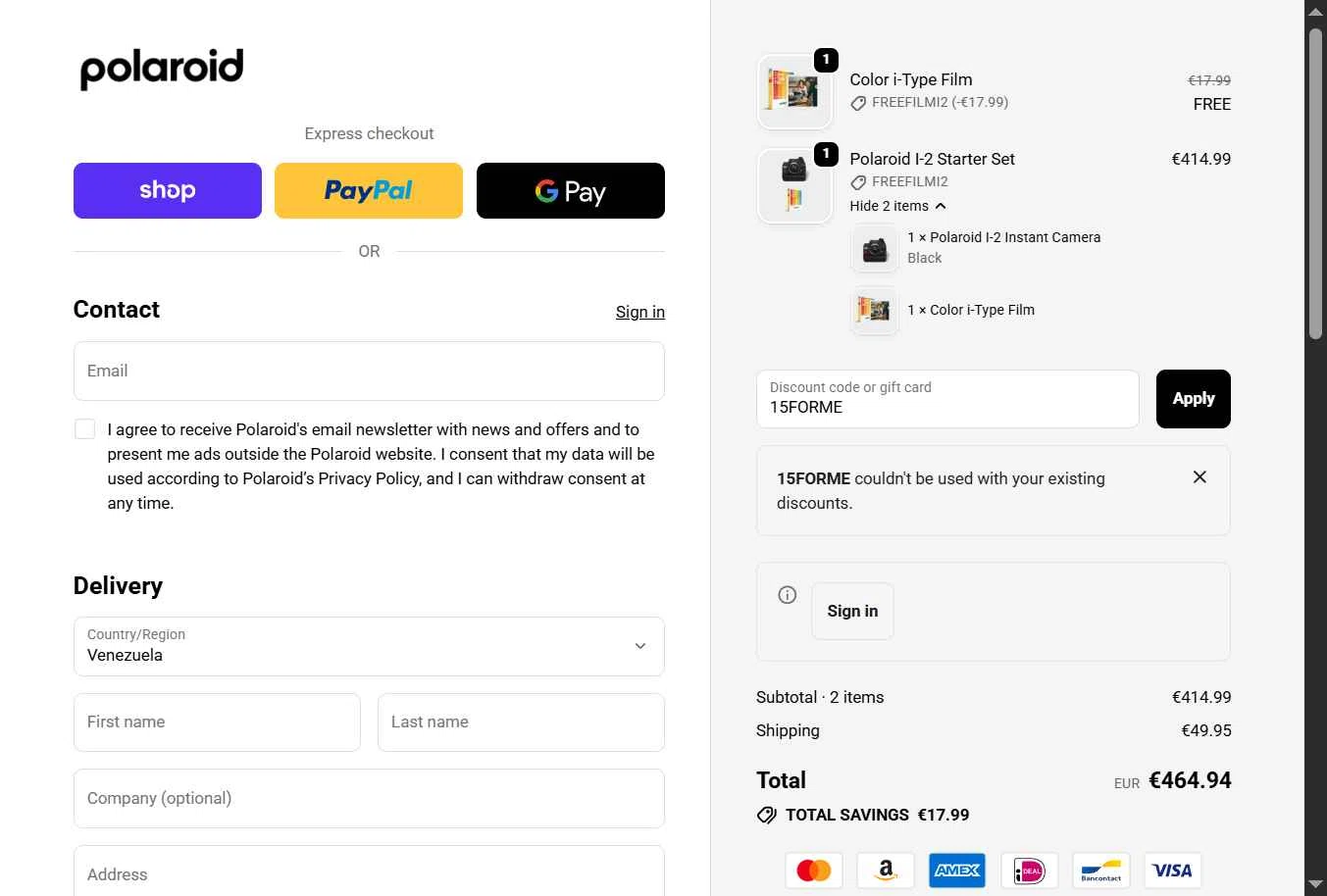 Polaroid checkout page showing Polaroid discount code box | Screenshot taken by SimplyCodes community member on Nov 22, 2025