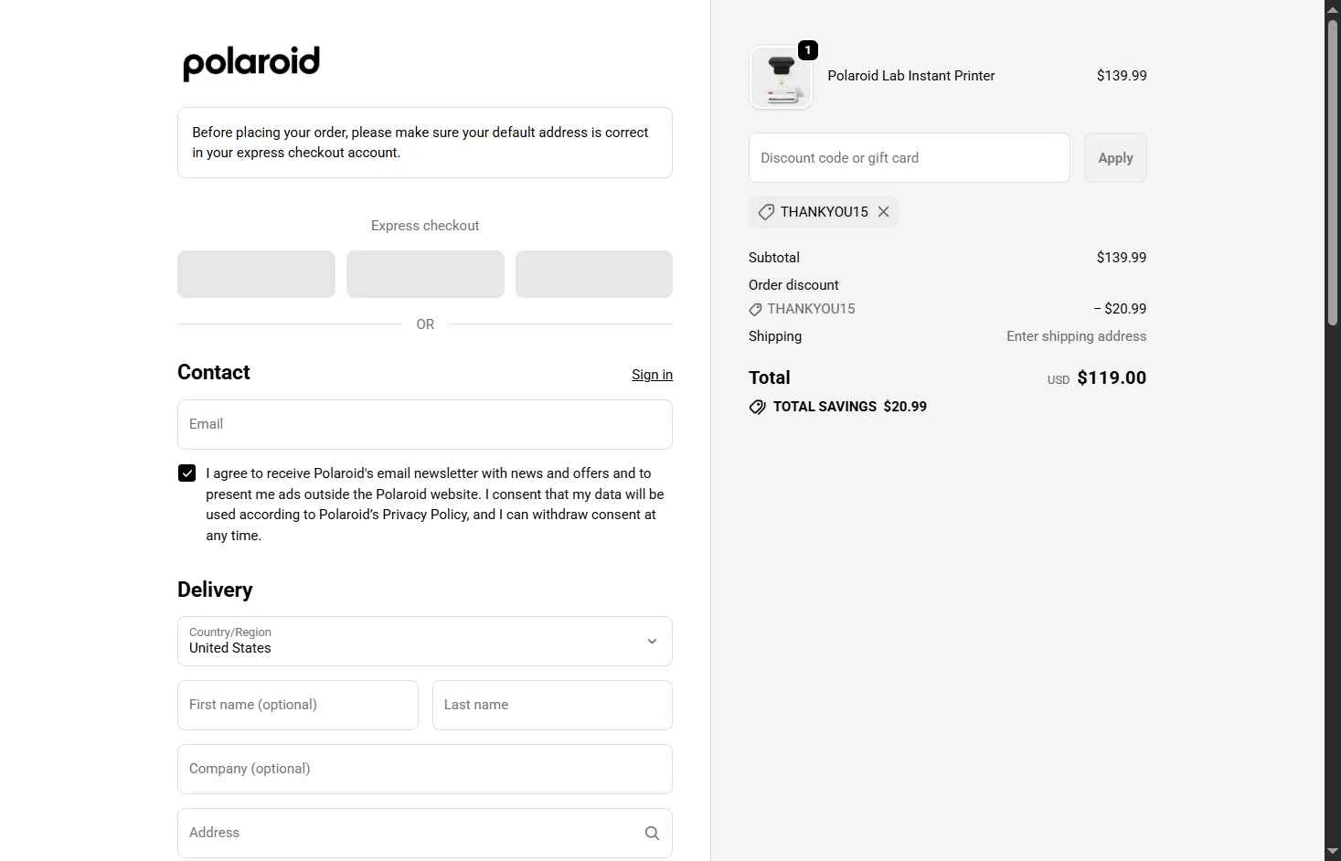 Polaroid checkout page showing Polaroid discount code box | Screenshot taken by SimplyCodes community member on Jan 21, 2026