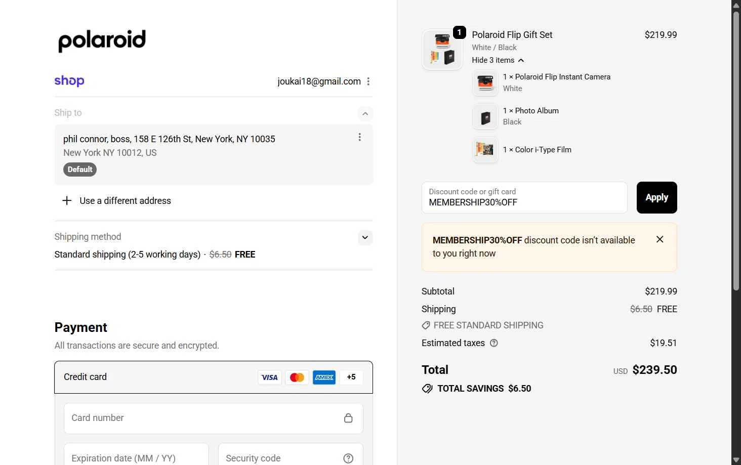 Polaroid checkout page showing Polaroid discount code box | Screenshot taken by SimplyCodes community member on Dec 3, 2025