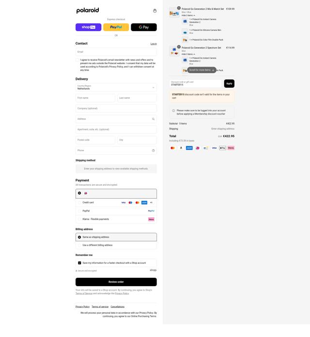 Polaroid checkout page showing Polaroid discount code box | Screenshot taken by SimplyCodes community member on Aug 15, 2025