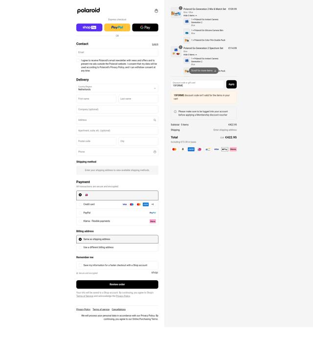 Polaroid checkout page showing Polaroid discount code box | Screenshot taken by SimplyCodes community member on Aug 15, 2025