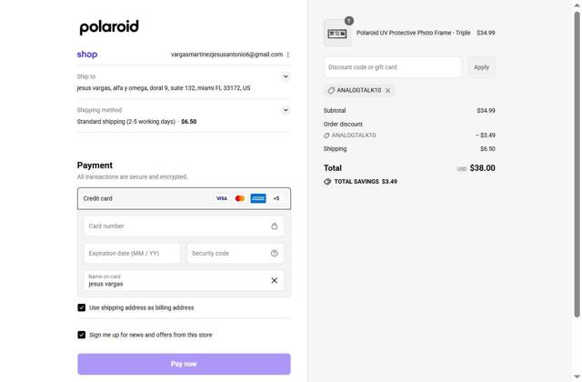 Polaroid checkout page showing Polaroid discount code box | Screenshot taken by SimplyCodes community member on Sep 17, 2025