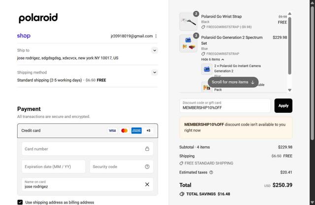 Polaroid checkout page showing Polaroid discount code box | Screenshot taken by SimplyCodes community member on Sep 17, 2025