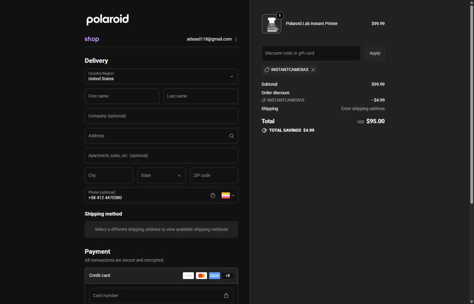 Polaroid checkout page showing Polaroid discount code box | Screenshot taken by SimplyCodes community member on Dec 19, 2025