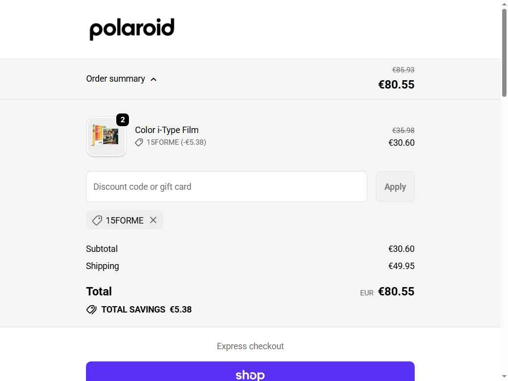 Polaroid checkout page showing Polaroid discount code box | Screenshot taken by SimplyCodes community member on Feb 13, 2026