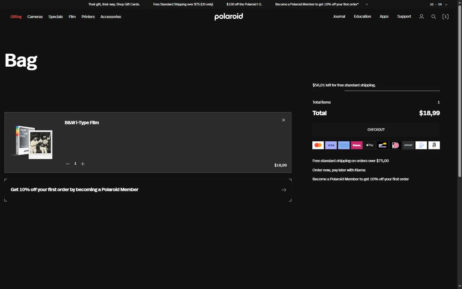 Polaroid checkout page showing Polaroid discount code box | Screenshot taken by SimplyCodes community member on Dec 19, 2025