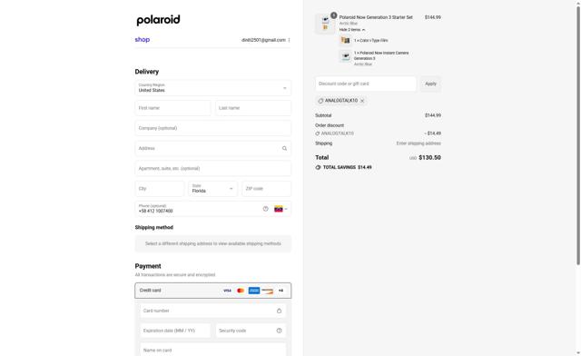 Polaroid checkout page showing Polaroid discount code box | Screenshot taken by SimplyCodes community member on Sep 9, 2025