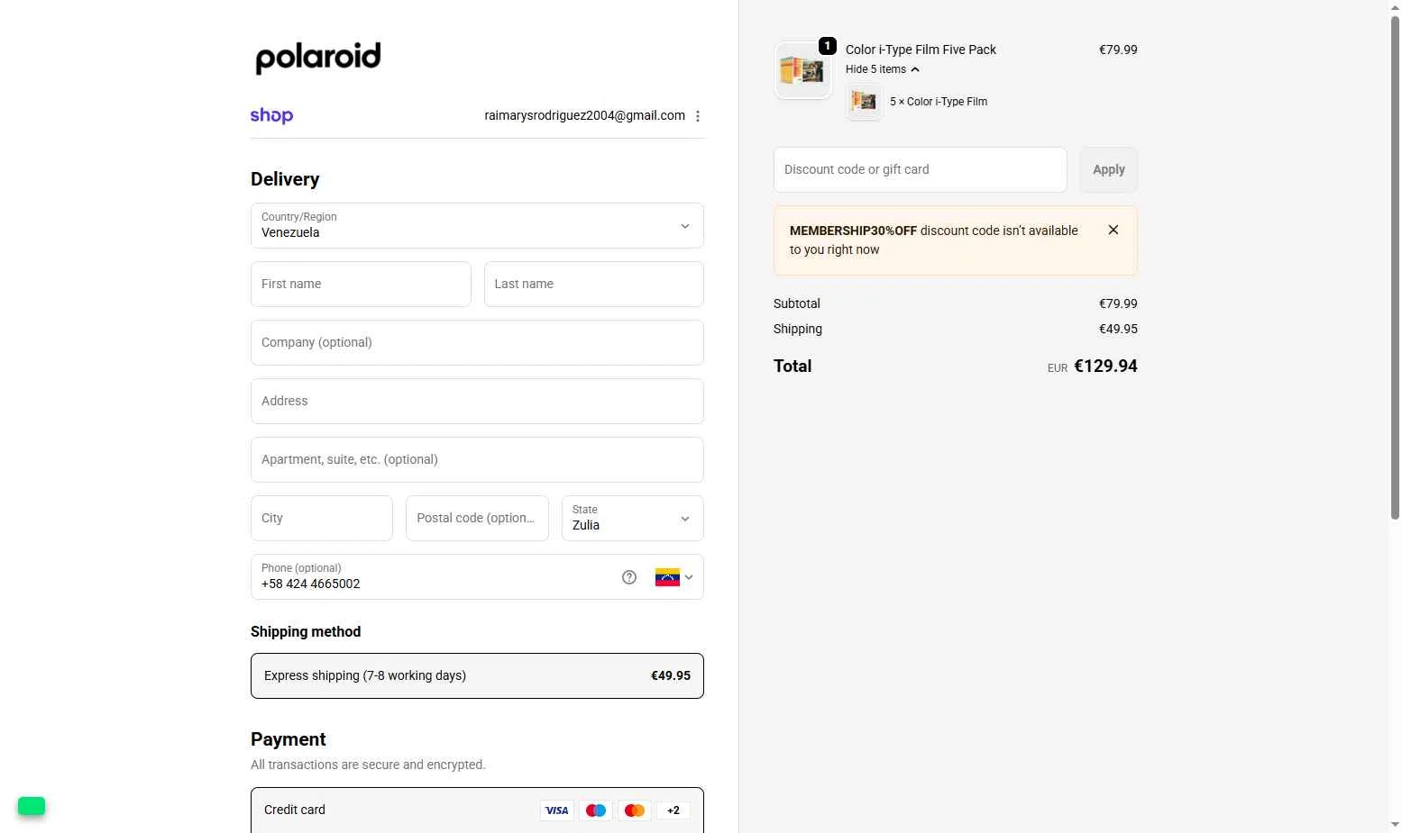 Polaroid EU checkout page showing Polaroid EU coupon code box | Screenshot taken by SimplyCodes community member on Jan 4, 2026