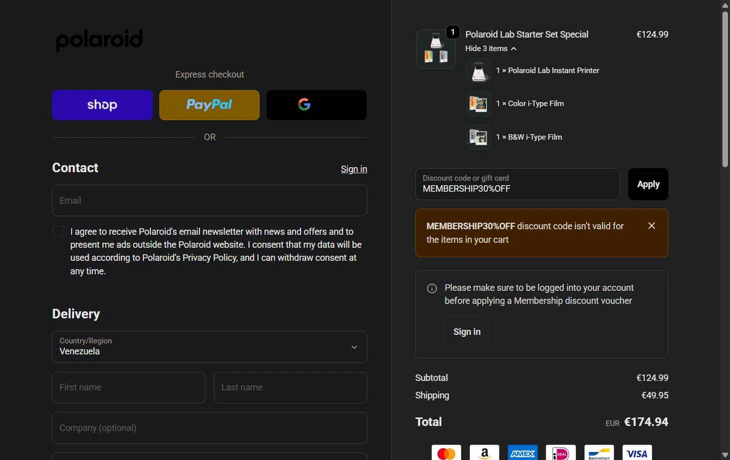 Polaroid EU checkout page showing Polaroid EU coupon code box | Screenshot taken by SimplyCodes community member on Dec 6, 2025
