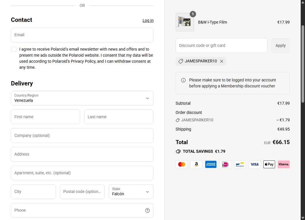 Polaroid EU checkout page showing Polaroid EU coupon code box | Screenshot taken by SimplyCodes community member on Aug 29, 2025