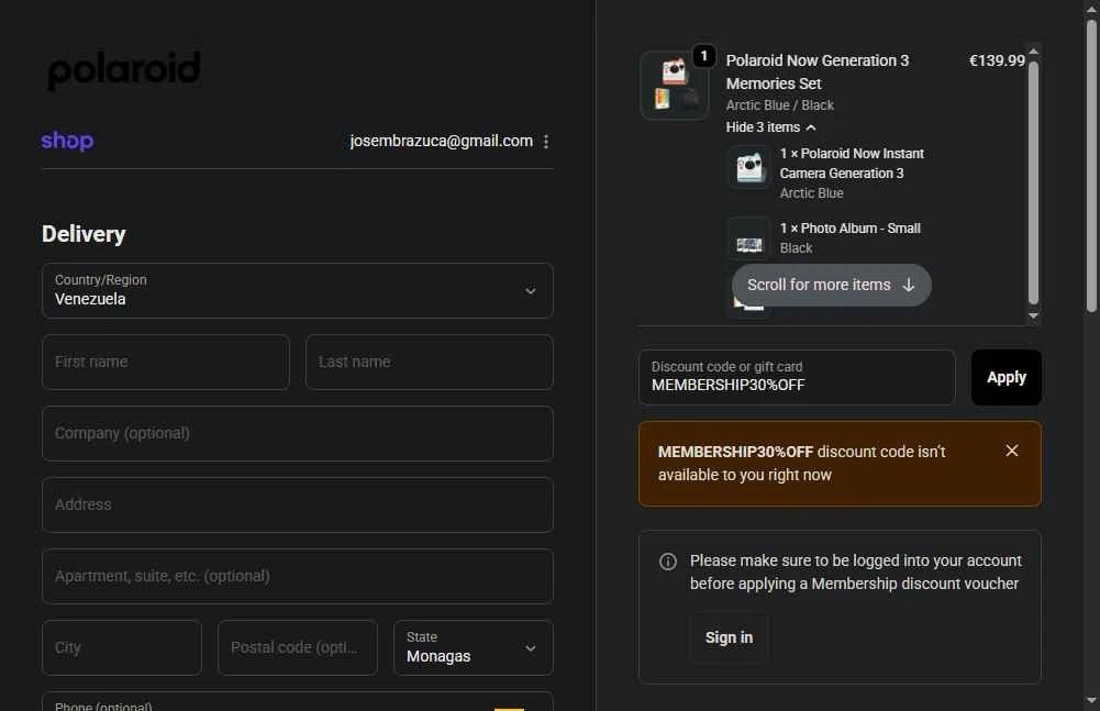 Polaroid EU checkout page showing Polaroid EU coupon code box | Screenshot taken by SimplyCodes community member on Nov 7, 2025
