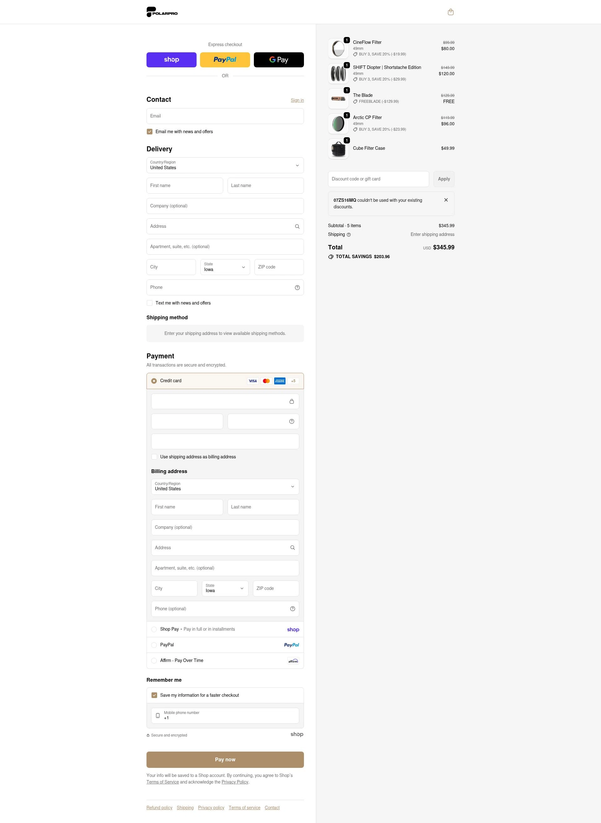 PolarPro checkout page showing PolarPro discount code box | Screenshot taken by SimplyCodes community member on Jan 29, 2026
