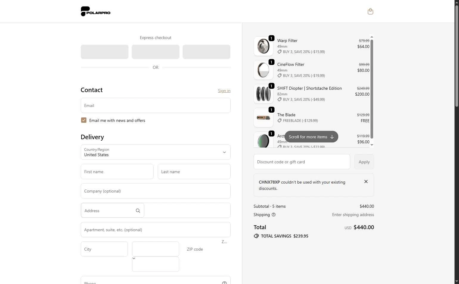 PolarPro checkout page showing PolarPro discount code box | Screenshot taken by SimplyCodes community member on Feb 8, 2026