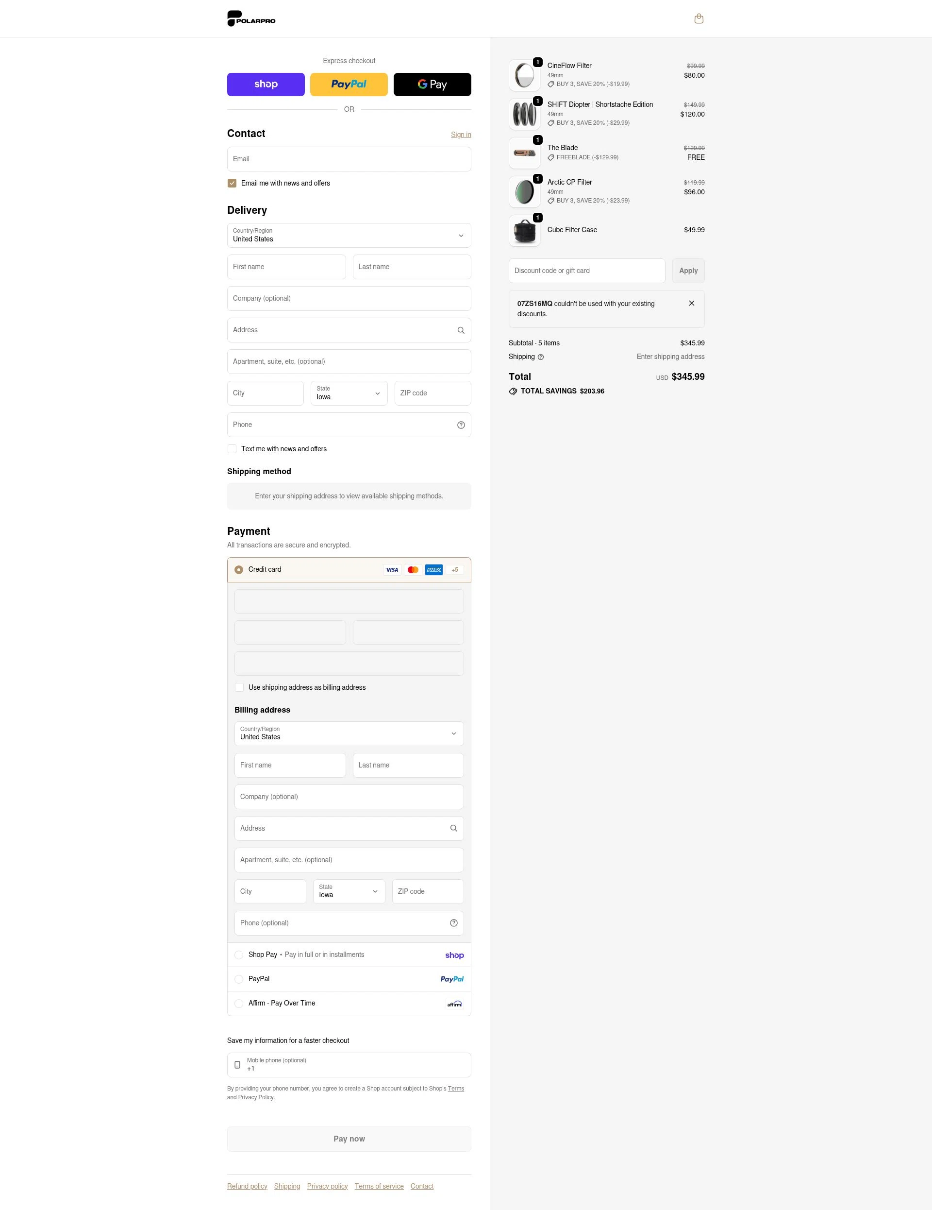 PolarPro checkout page showing PolarPro discount code box | Screenshot taken by SimplyCodes community member on Feb 12, 2026