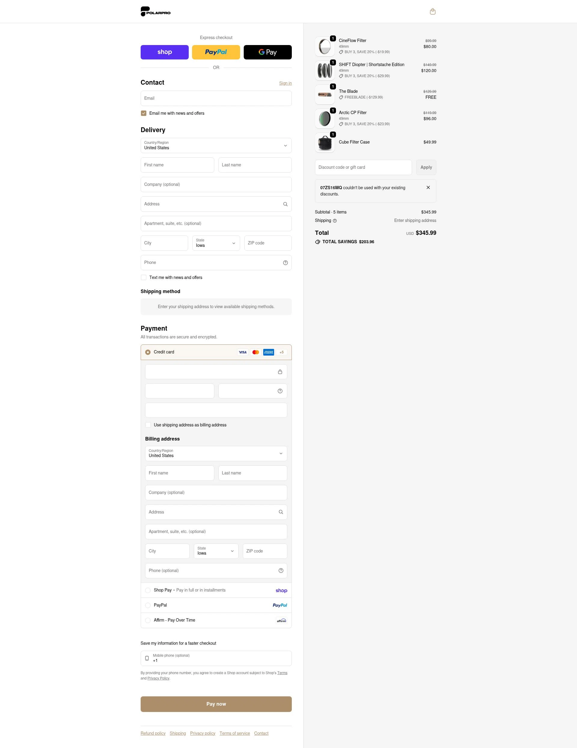 PolarPro checkout page showing PolarPro discount code box | Screenshot taken by SimplyCodes community member on Feb 7, 2026