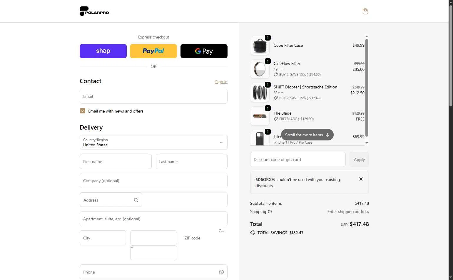 PolarPro checkout page showing PolarPro discount code box | Screenshot taken by SimplyCodes community member on Feb 10, 2026