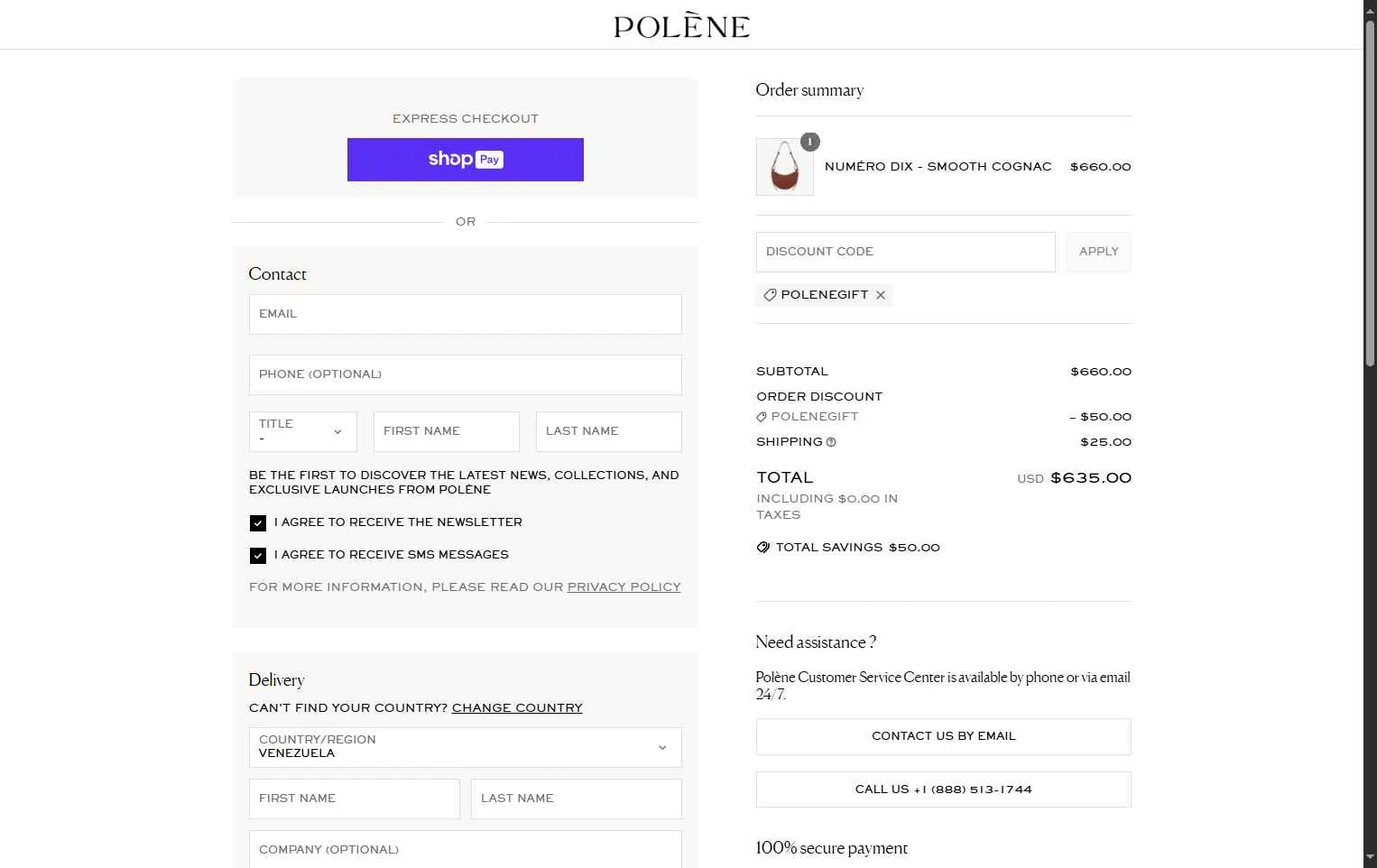 Polène checkout page showing Polène promo code box | Screenshot taken by SimplyCodes community member on Jun 26, 2025
