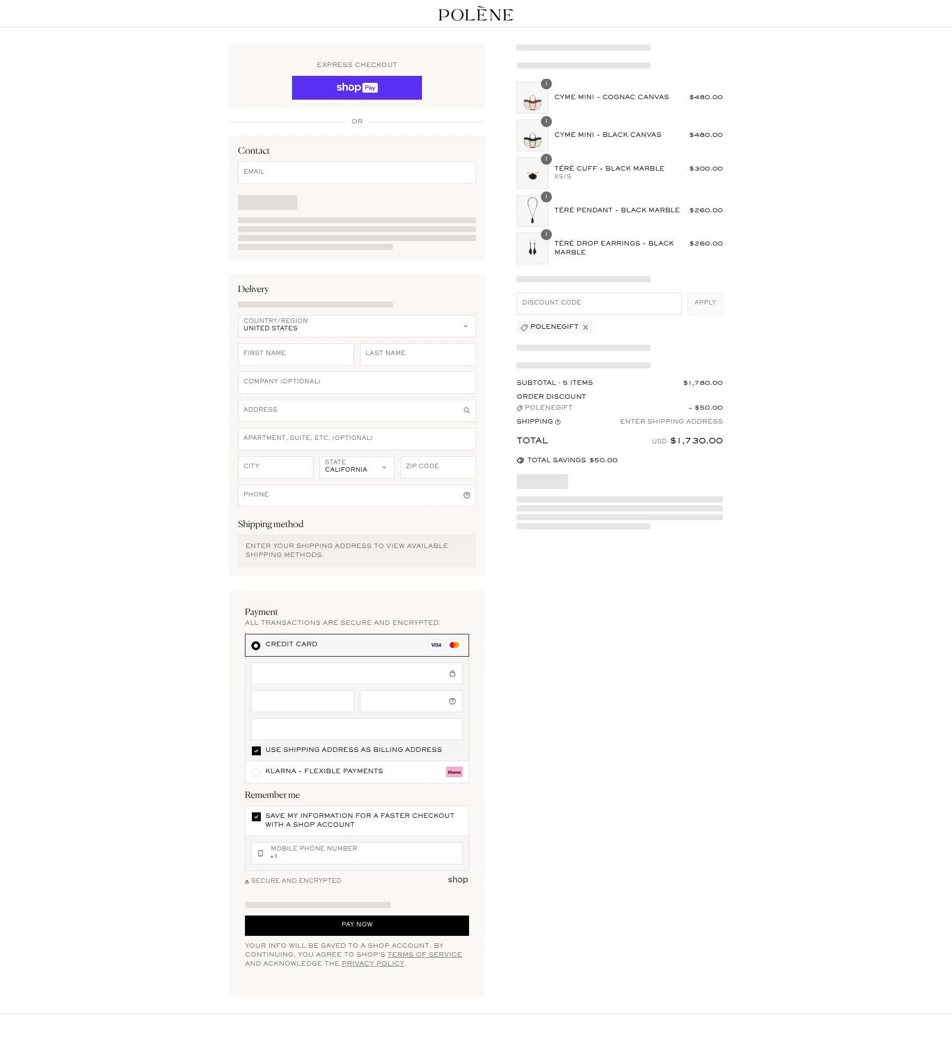 Polène checkout page showing Polène promo code box | Screenshot taken by SimplyCodes community member on Jun 29, 2025