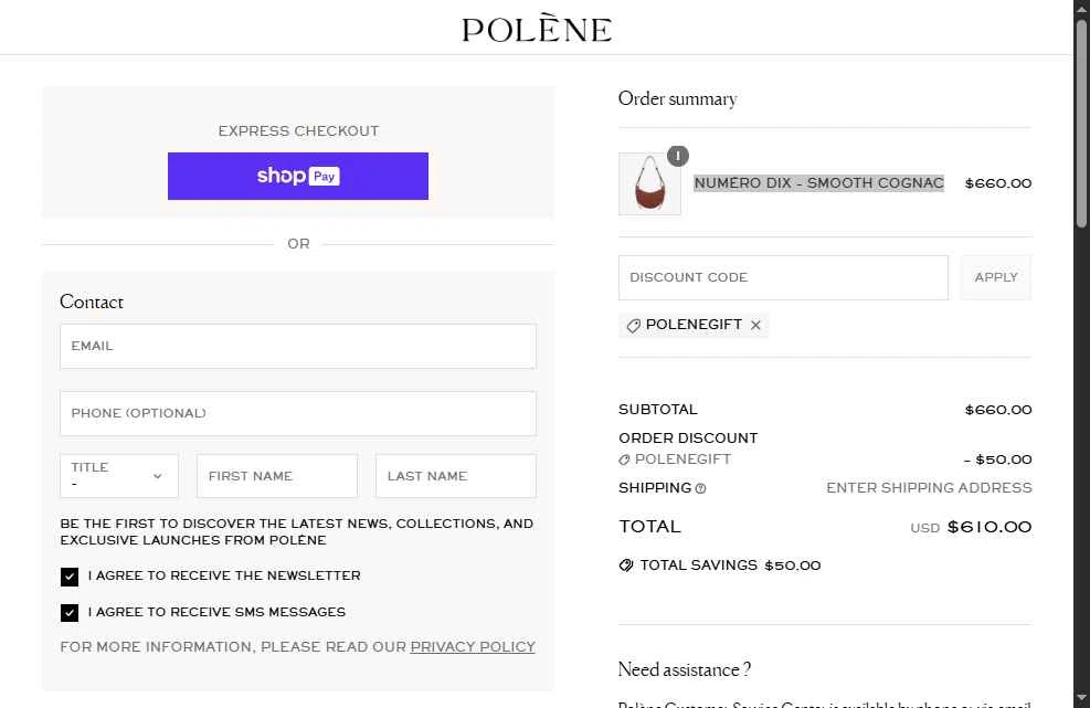 Polène checkout page showing Polène promo code box | Screenshot taken by SimplyCodes community member on Jun 29, 2025
