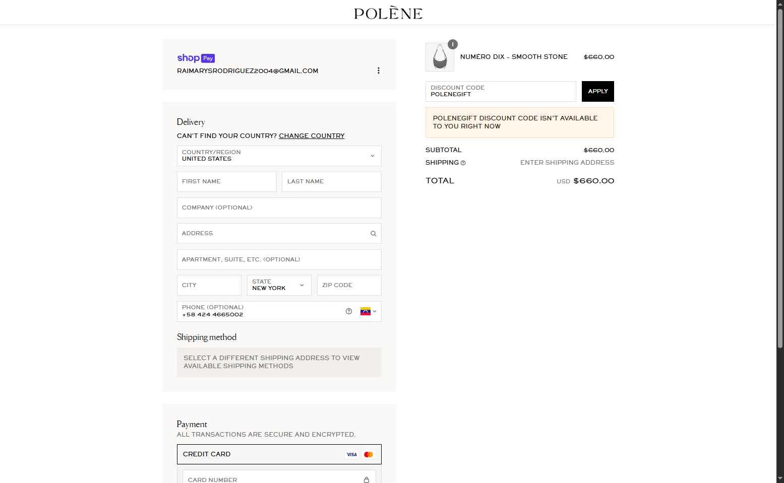 Polène checkout page showing Polène promo code box | Screenshot taken by SimplyCodes community member on Jul 4, 2025