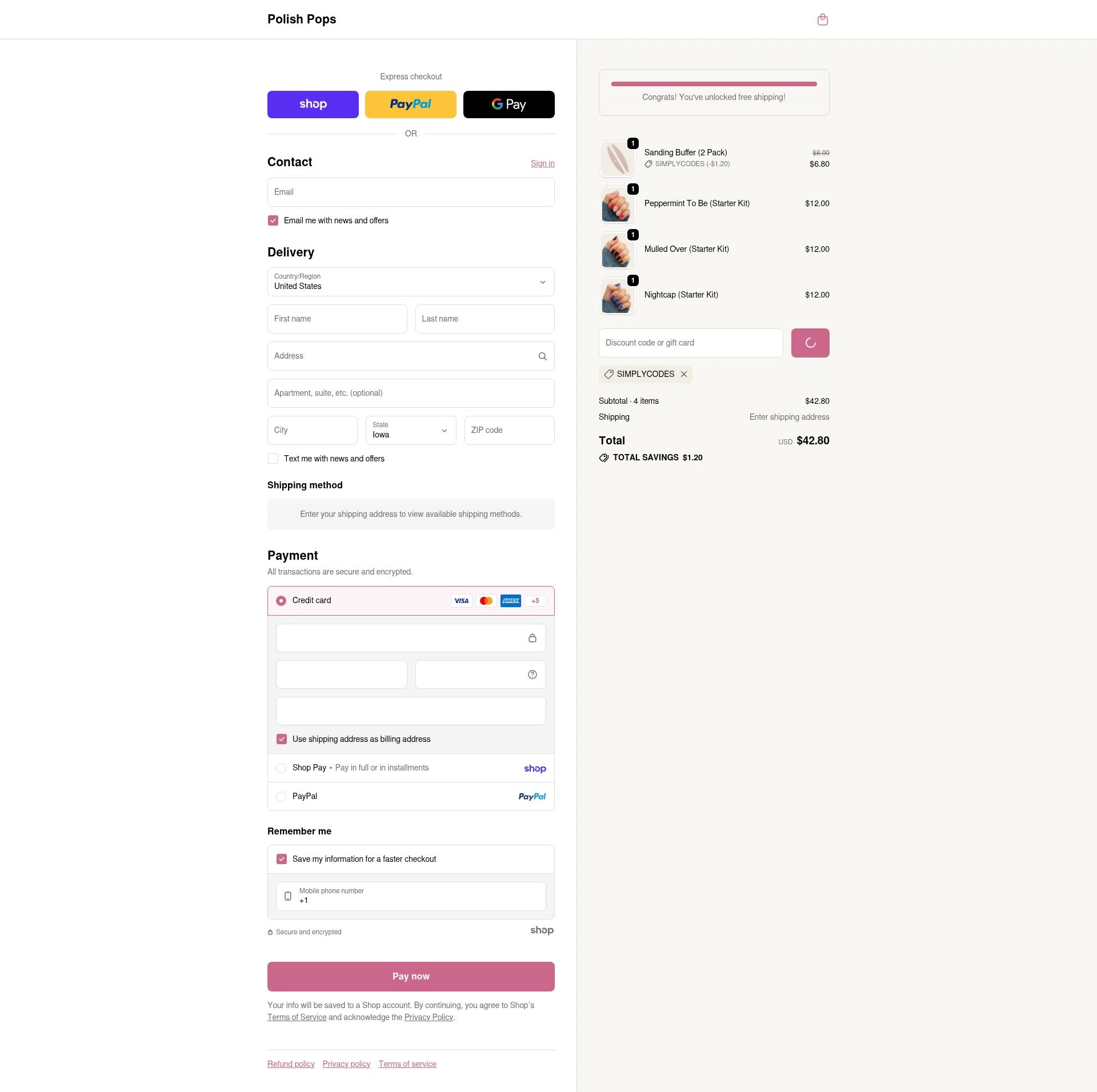 Polish Pops checkout page showing Polish Pops discount code box | Screenshot taken by SimplyCodes community member on Jan 28, 2026