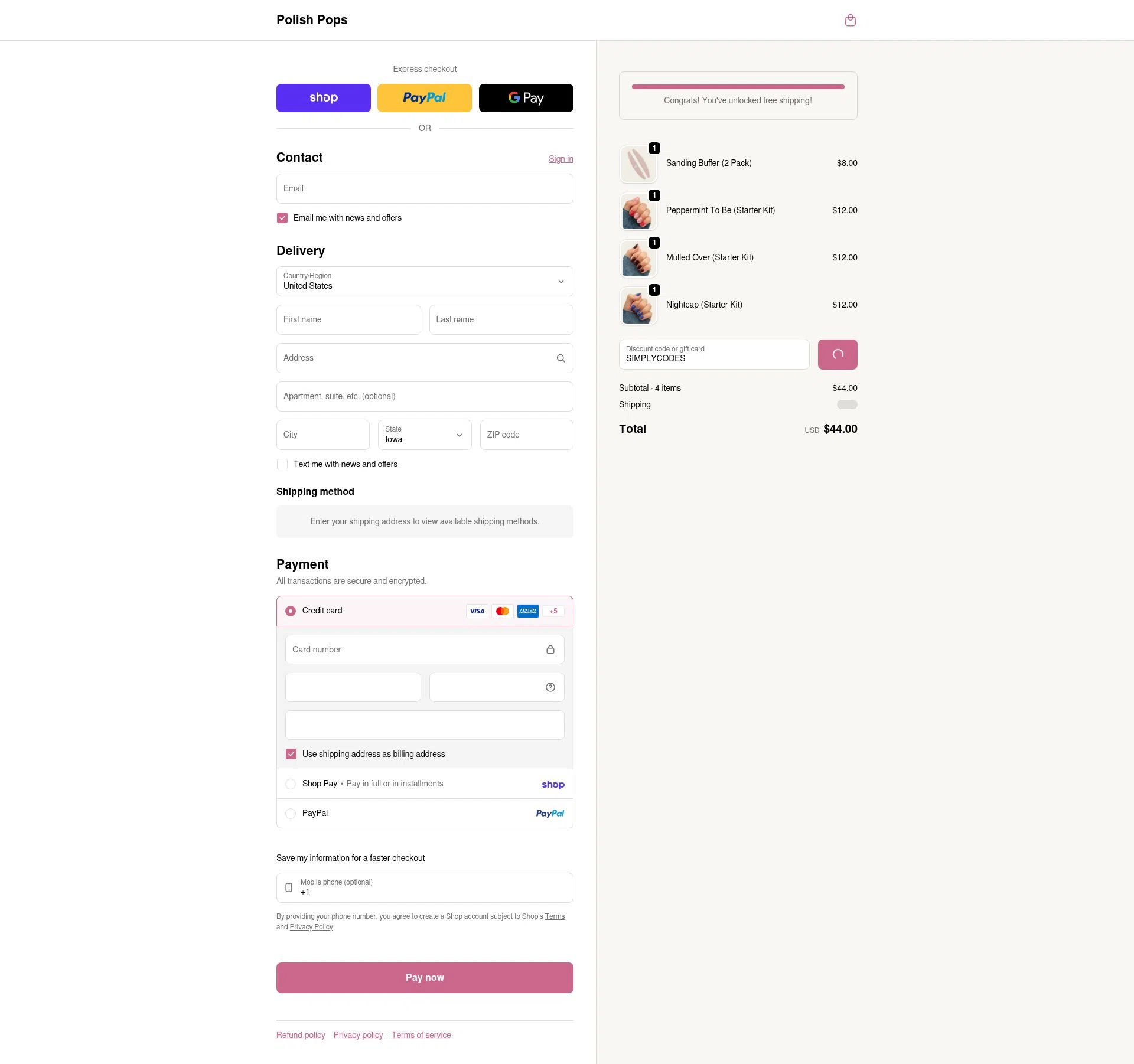 Polish Pops checkout page showing Polish Pops discount code box | Screenshot taken by SimplyCodes community member on Feb 1, 2026