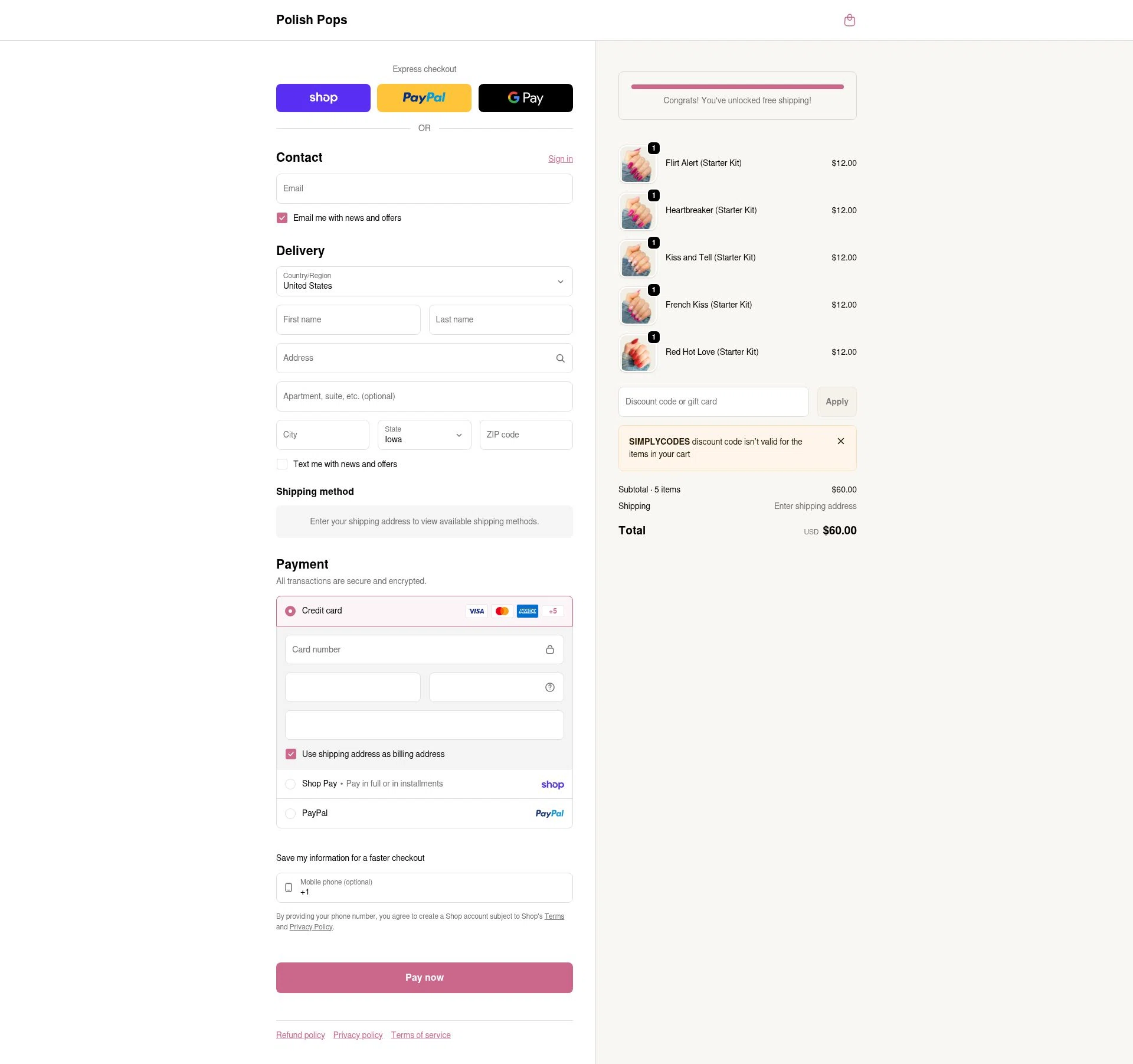 Polish Pops checkout page showing Polish Pops discount code box | Screenshot taken by SimplyCodes community member on Feb 14, 2026