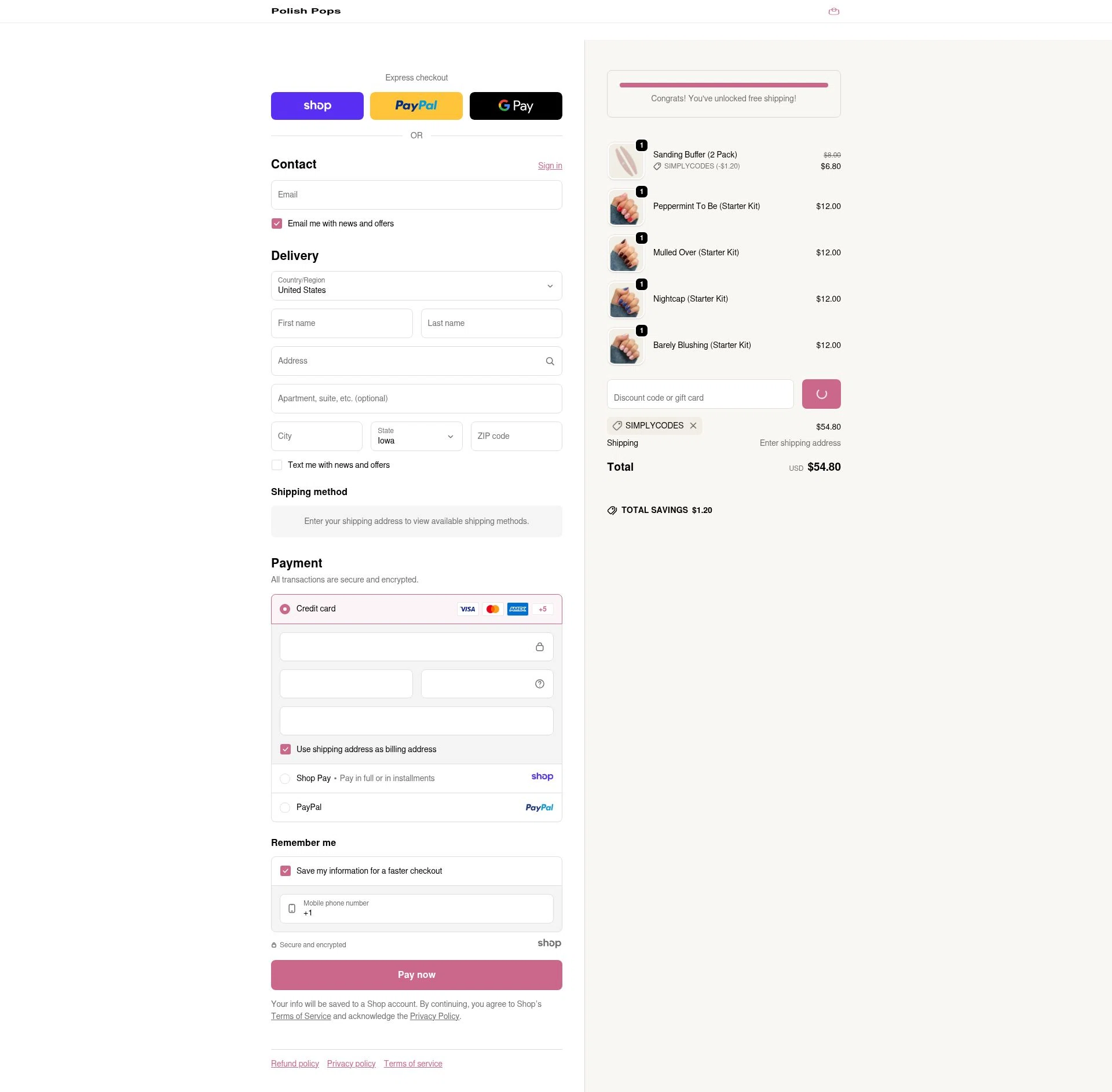 Polish Pops checkout page showing Polish Pops discount code box | Screenshot taken by SimplyCodes community member on Jan 3, 2026