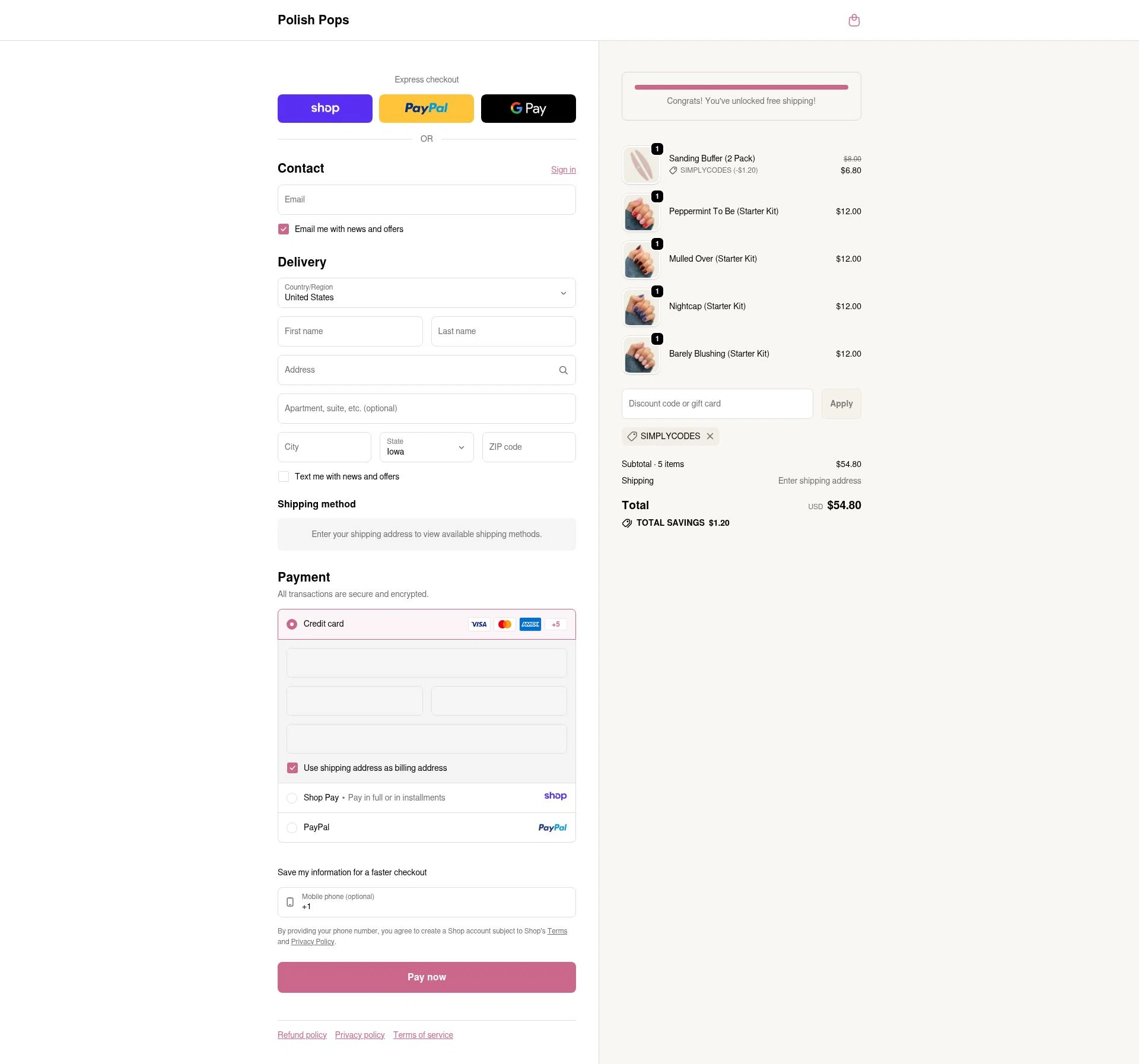 Polish Pops checkout page showing Polish Pops discount code box | Screenshot taken by SimplyCodes community member on Jan 13, 2026