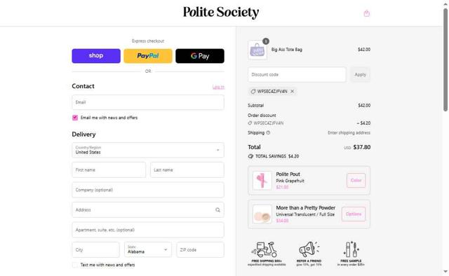 Polite Society checkout page showing Polite Society discount code box | Screenshot taken by SimplyCodes community member on Aug 30, 2025