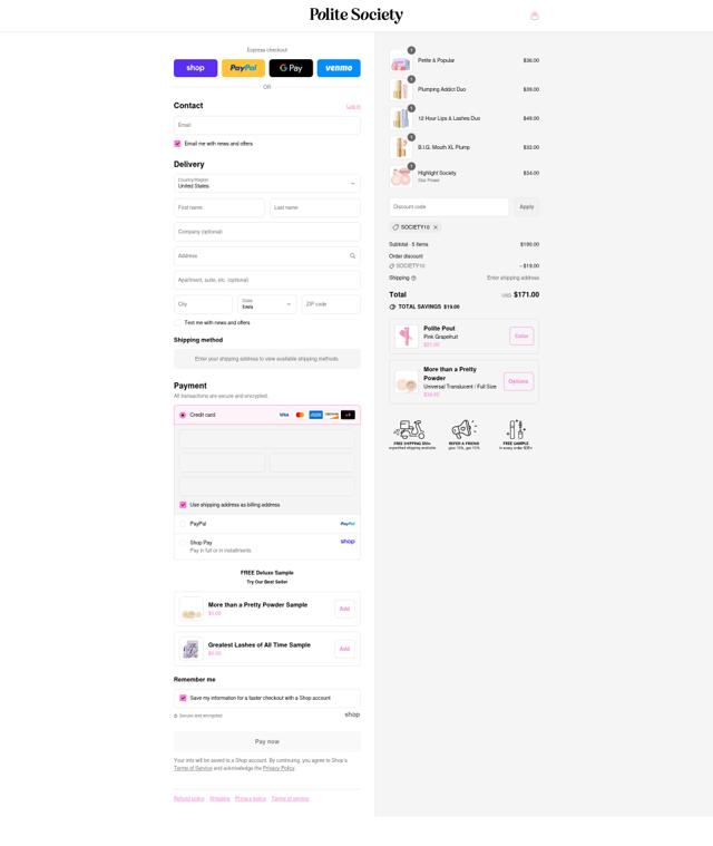 Polite Society checkout page showing Polite Society discount code box | Screenshot taken by SimplyCodes community member on Sep 3, 2025