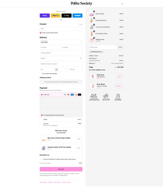 Polite Society checkout page showing Polite Society discount code box | Screenshot taken by SimplyCodes community member on Aug 30, 2025