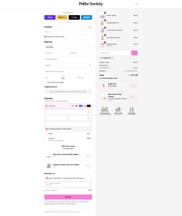 Polite Society checkout page showing Polite Society discount code box | Screenshot taken by SimplyCodes community member on Sep 3, 2025