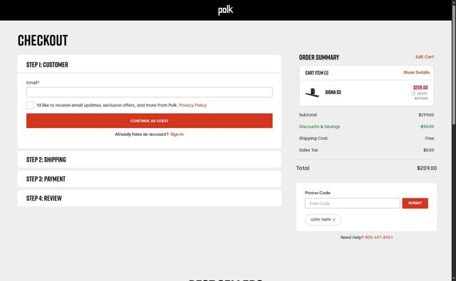 Polk Audio checkout page showing Polk Audio promo code box | Screenshot taken by SimplyCodes community member on Aug 15, 2025