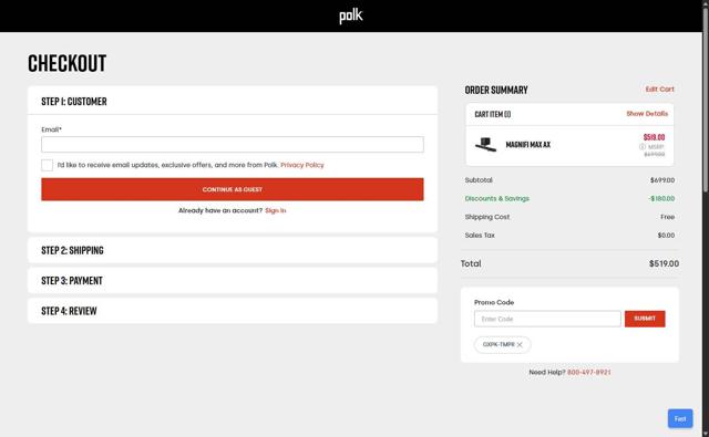 Polk Audio checkout page showing Polk Audio promo code box | Screenshot taken by SimplyCodes community member on Jul 17, 2025