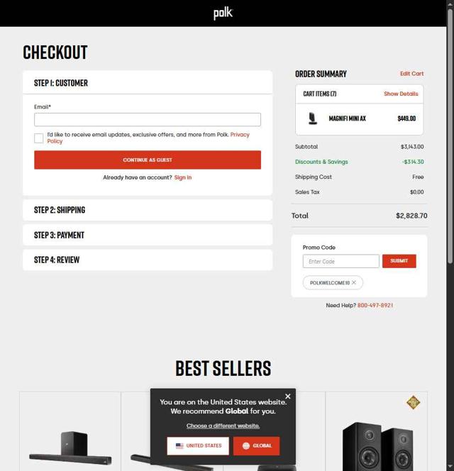Polk Audio checkout page showing Polk Audio promo code box | Screenshot taken by SimplyCodes community member on Aug 11, 2025