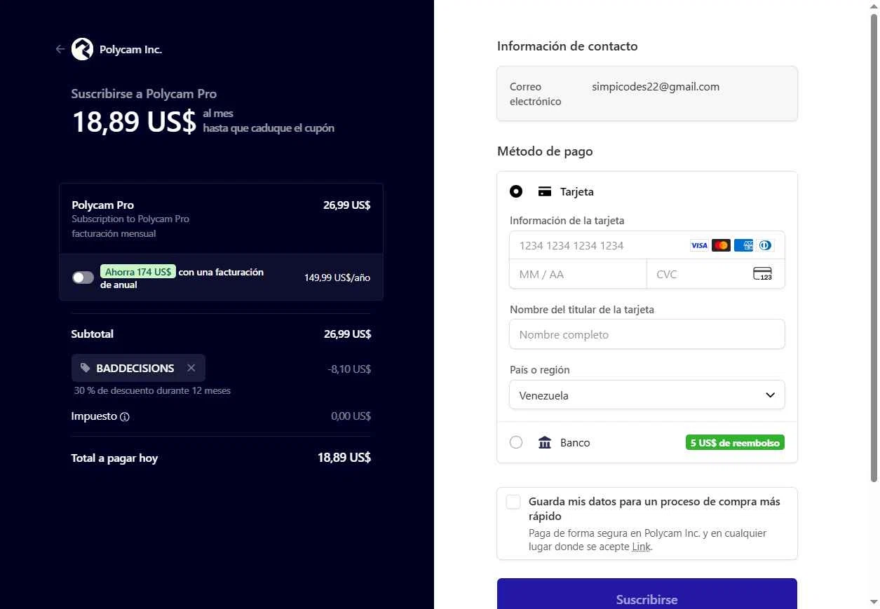 Polycam checkout page showing Polycam promo code box | Screenshot taken by SimplyCodes community member on Nov 7, 2025