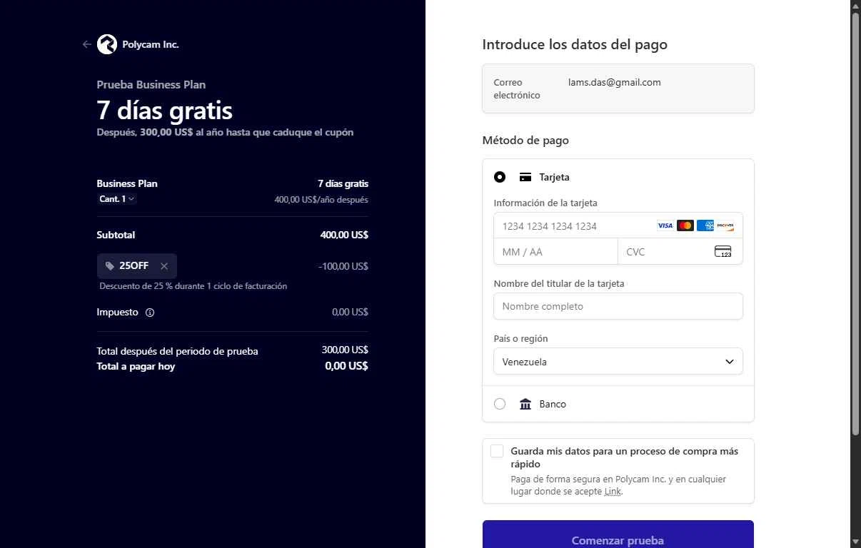 Polycam checkout page showing Polycam promo code box | Screenshot taken by SimplyCodes community member on Feb 5, 2026