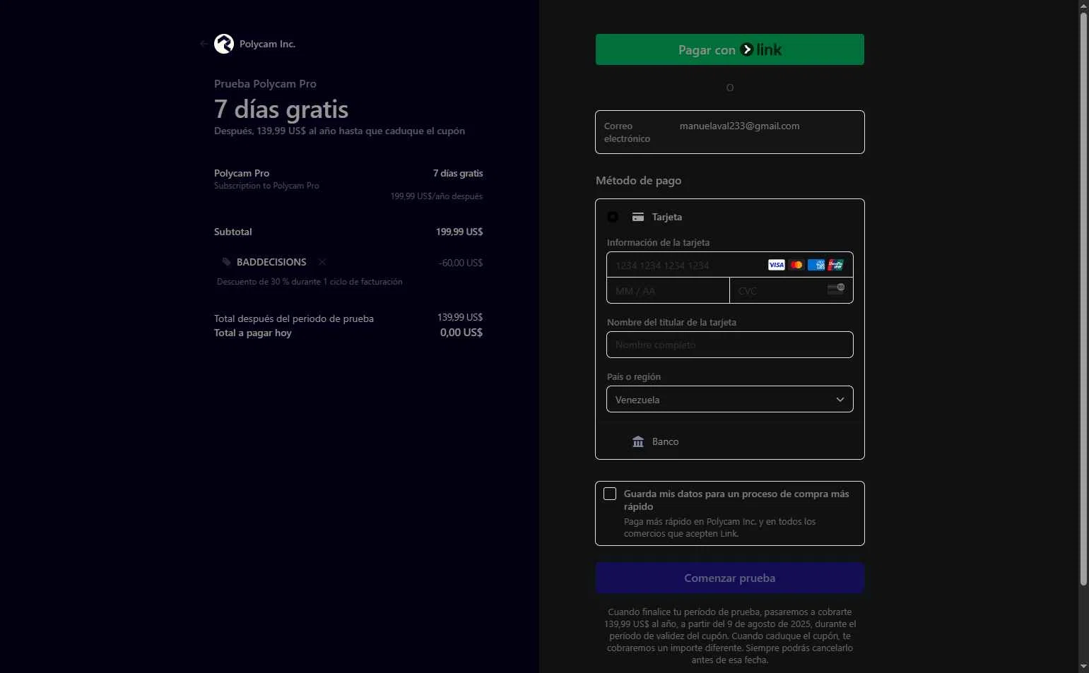 Polycam checkout page showing Polycam promo code box | Screenshot taken by SimplyCodes community member on Aug 2, 2025